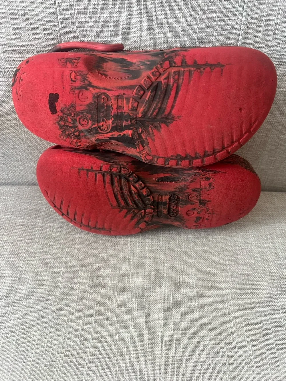 CROCS Red/Black Marble Clogs, boys/kids 3, outdoors, school playground, casual